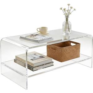 Fully Assembled Acrylic Coffee Table 34.6" L x 16.9" W x 14.6" H, 2-Tier Clear Lucite End Table with Storage Shelf, Modern Center Table for Living Room, Bedroom, Office