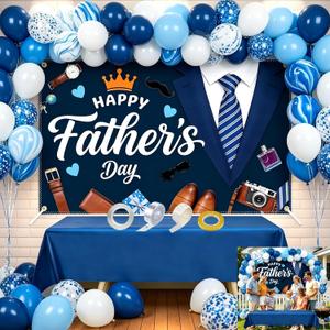55PCS Fathers Day Decorations Kit – 6x4FT Happy Fathers Day Banner with 50 Balloons, Balloon Arch Strip & Ribbon, Fathers Day Party Photo Booth Backdrop for Indoor Outdoor Best Dad Ever Party Supplies