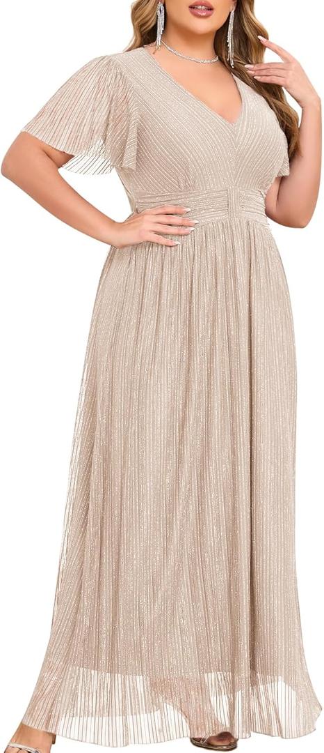 ZOMVA Plus Size Maxi Formal Dress Sparkly V-Neck A-line Ruffle Sleeves Evening Gown Cocktail Prom Lace, Champagne, 1X