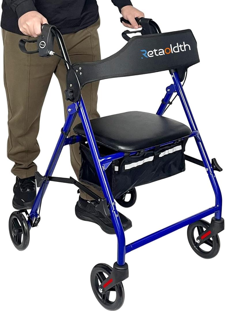 Foldable Rollator Walker with Seat for Seniors, Easy Folding & One-Hand Carry, Walkers for Seniors-All-Terrain Wheels, Height Adjustable Lightweight Rolling Walker for Elderly, Blue