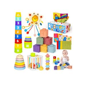 6 in 1 Montessori Toys for Babies Newborn Stacking Block Soft Infant Ring Shape Learning Sensory Bin Pull String Teething Toy Tissue Box for Toddlers 18M+ 2 3 Year Old Boy Girl Gift