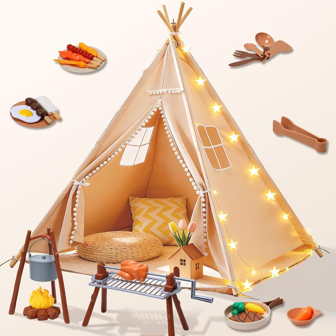 Teepee Tent for Kids with BBQ Pretend Play Toys, Spacious 60” Kids Play Tent Indoor & Outdoor, Foldable Playhouse with Mat & Star Lights, Washable Camping Toys Gift for Boys & Girls Ages 3–8