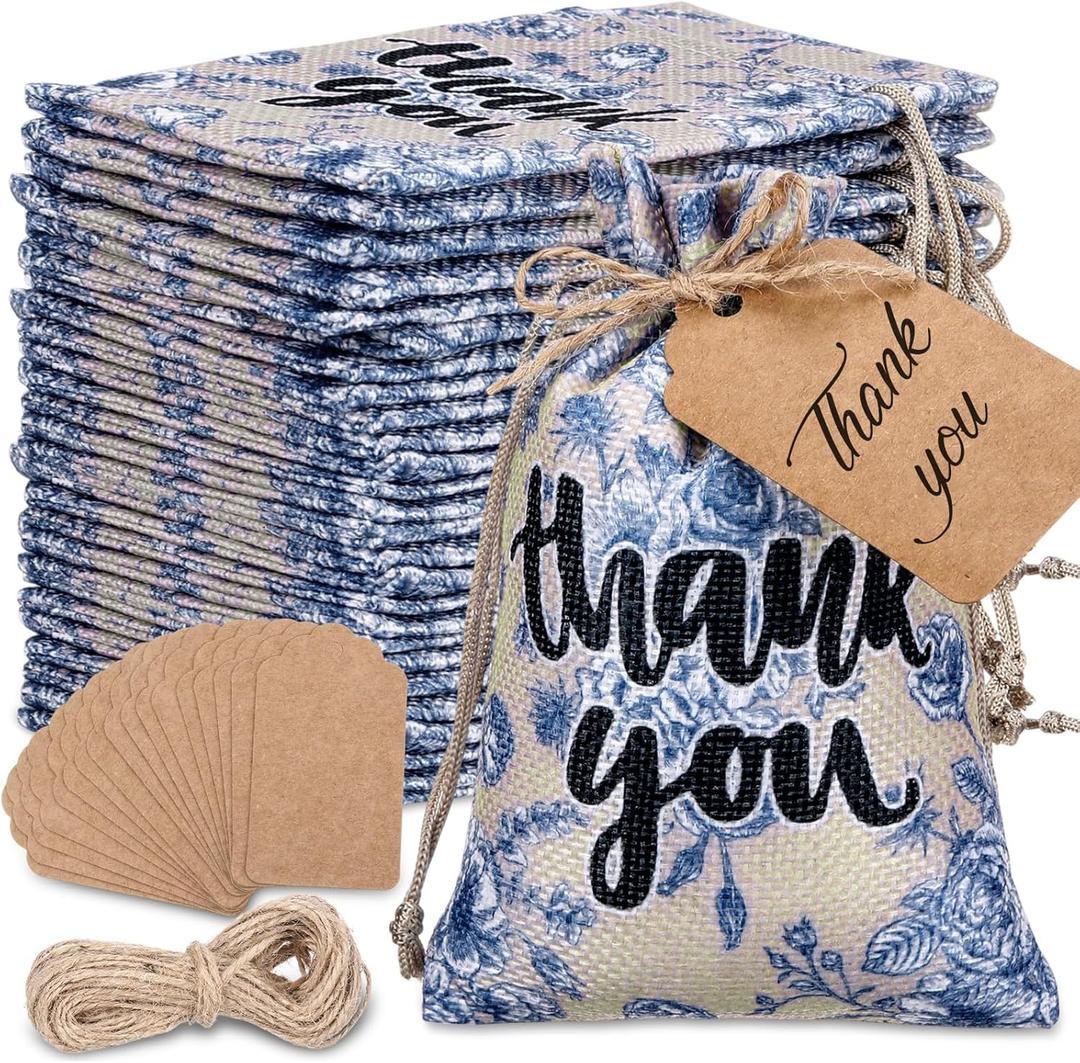 Sweetude 50 Pcs 4 x 6 Inch Thank You Floral Burlap Gift Bags with Drawstring and 50 Pcs Tags Chinoiserie Blue Floral Bag Bulk Treat Bags Candy Goodies Sacks for Wedding Birthday Bridal Baby Shower