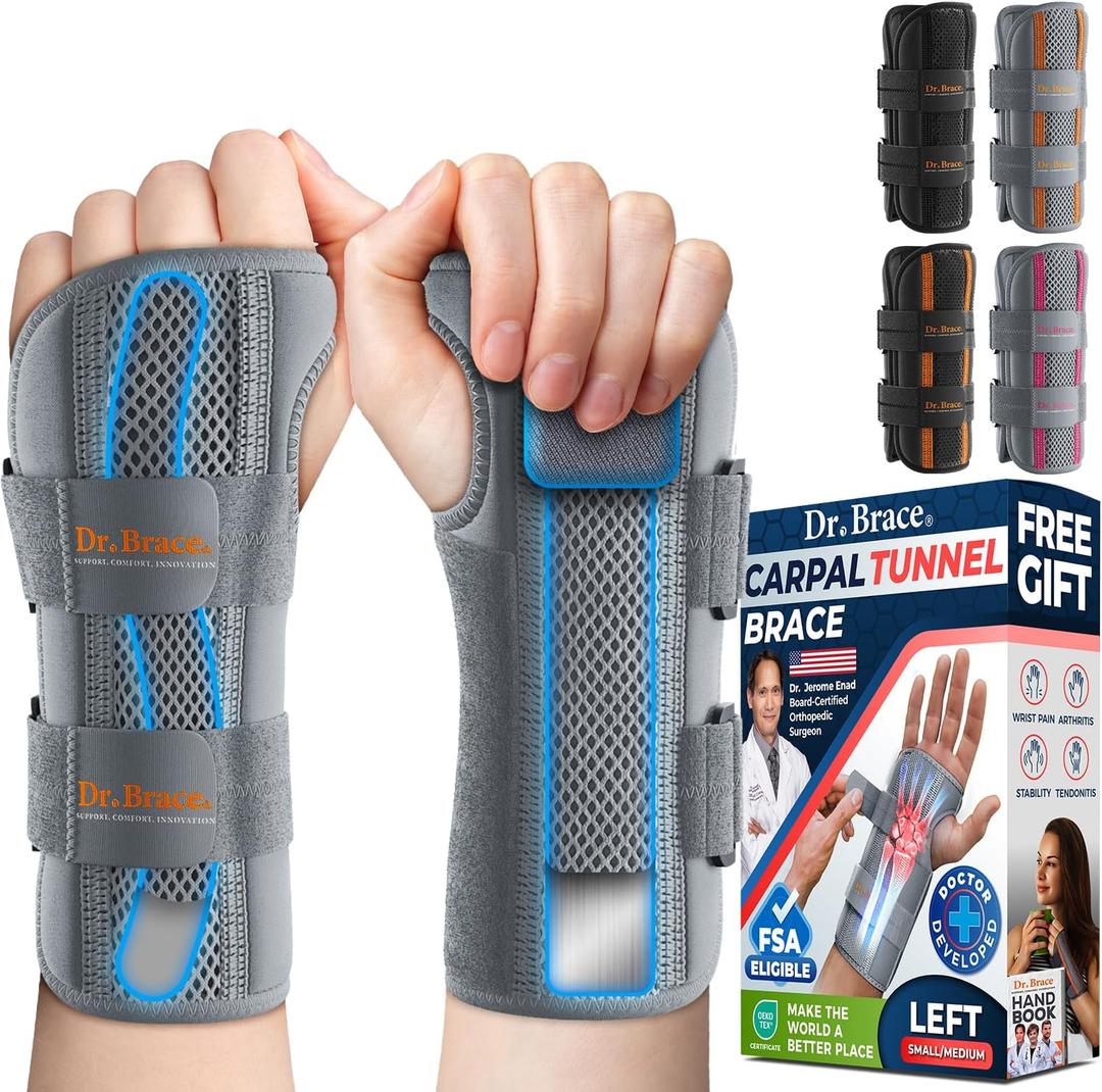 DR. BRACE Adjustable Wrist Brace Night Support for Carpal Tunnel, FSA & HSA Eligible, Doctor Developed, Upgraded with Double Splint & Therapeutic Cushion, Hand Brace For Pain Relief, Injuries, Sprains (Small/Medium (Left Hand), Grey)