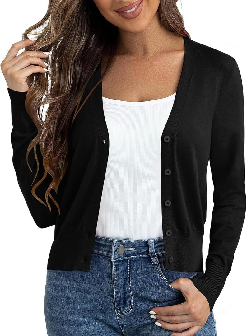 Cropped Cardigan Sweaters for Women Long Sleeve Button Down Open Front Bolero Shrugs for Dresses, XS (1-black)