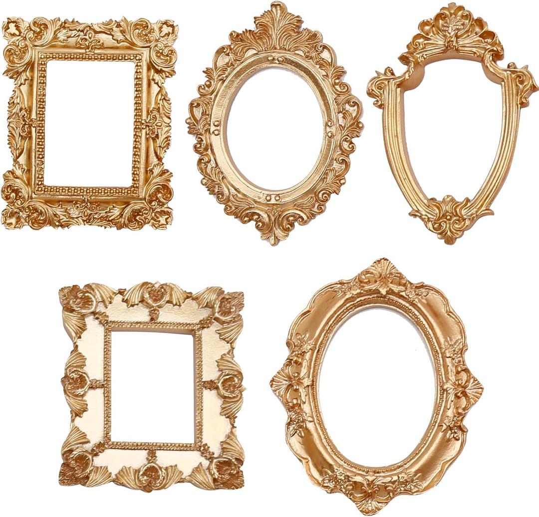 UOIENRT 5PCS Vintage Resin Picture Frame, Small Vintage Picture Frames, Oval Rectangle Wall Hanging Antique Photo for Jewelry Display Holiday Party Christmas Hotel Decor (Gold) (Bronze)