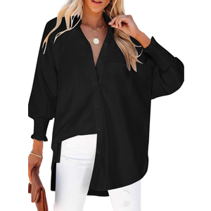 Womens Oversized Button Down Shirts Smocked Cuffed Ruffle Sleeve Boyfriend Blouses Collared Work Casual Top with Pockets 2XL