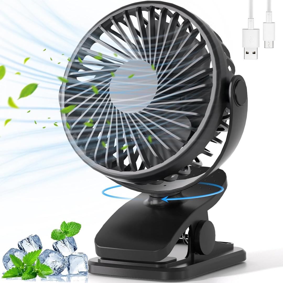 Portable Clip on Fan, 360 Rotate Battery Operated Stroller Fan, 3 Speed Quiet Mini Personal Desk Fan, USB Rechargeable Clooing Fan for Outdoor Camping Golf Cart Stroller Home Office Black