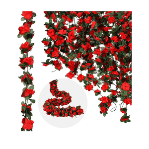 12 Pcs 100 ft Flower Garland Artificial Rose Vine with Green Leaves Hanging Artificial Flower Vines Ivy Garlands Wall Garden Decor for Room Wedding Birthday Arch Decor(Red)