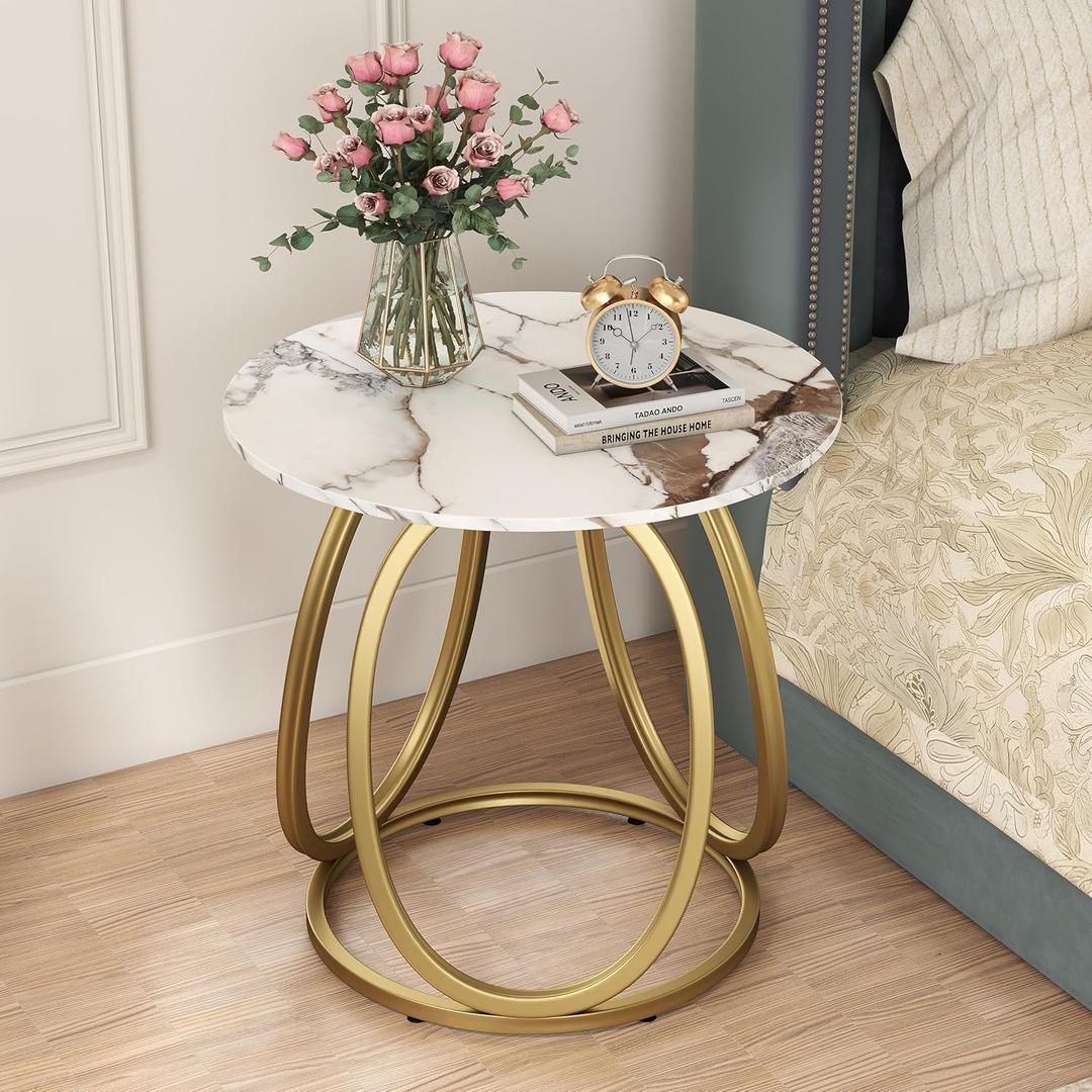 O&K FURNITURE Gold Side Table Living Room, Round End Table with Marbling Stone, Nightstand with Metal Frame, for Bedroom, Home Office, 1PC