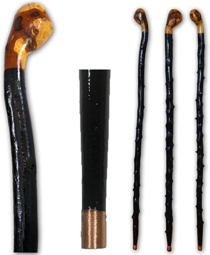 Imported Shillelagh Wooden Irish Walking Stick, Handcrafted 100% Blackthorn Wood Cane, Handles All Unique, Black High Gloss Lacquered, Made in Ireland 36"