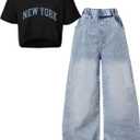 OYOANGLE Girl's 2 Pieces Outfits Y2K Letter Print Top Shirts and Denim Loose Long Pants Jeans Sets Blue and Black 12Y