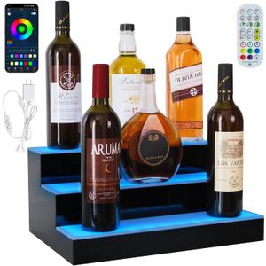 LED Lighted Liquor Bottle Display Shelf, 3Tiers 16Inch Bar Bottle Display Shelf with Remote and App Control for Home Bar Party Whiskey Wine Coffee Syrup Water Bottle Display