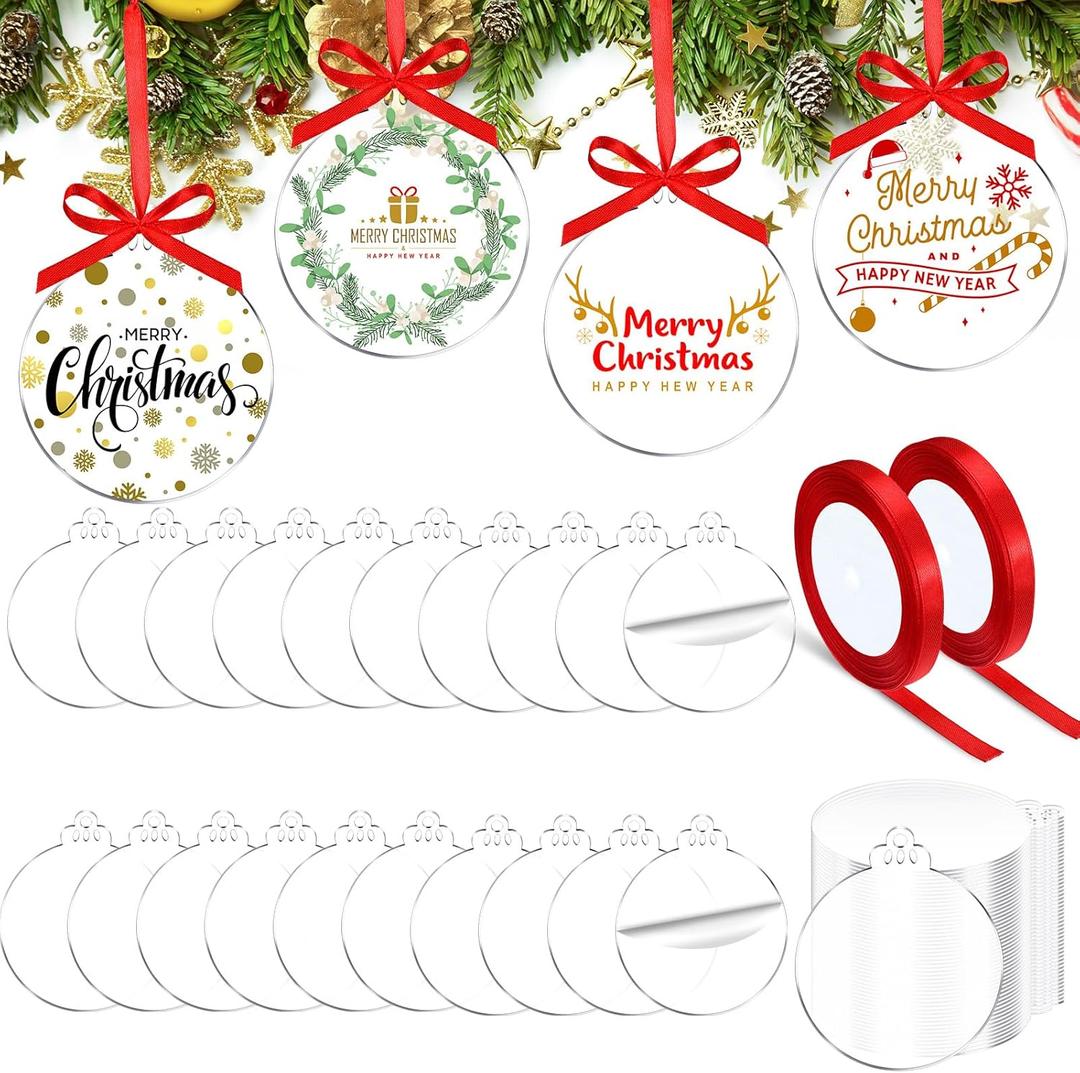 Blulu 100 Pcs Christmas Clear Acrylic Ornament Blanks Bulk Round Acrylic Discs Ornament Vinyl Christmas Hanging Circle Ornaments Blank with 2 Rolls Red Ribbon for Xmas Tree DIY Crafts(4 Inch)