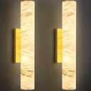 LMQNINE Natural Alabaster Wall Sconces Set of Two Spanish Marble Wall Light Cylinder Modern Gold LED Sconce for Bedroom Bathroo Stairs Living Room（S-2Pack）