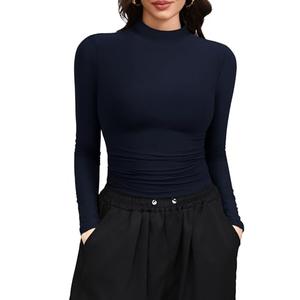 Laughido Women's Mock Neck Long Sleeve Slim Fit T-Shirt Casual Basic Crop Tops 2025 Fall Clothes (Dark Blue, Medium)