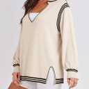 Yousify Womens Long Sleeve Shirts Oversized Casual Lapel V Neck Contrast Split Tunic Tops Loose Knit Pullover Sweaters (Small, Apricot)