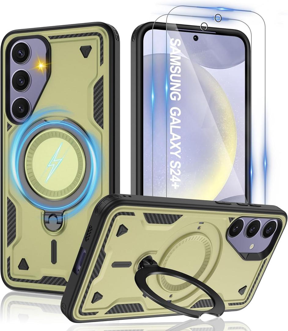 for Samsung Galaxy-S24 Plus Case with Magsafe & [HD Screen Protector2][Anti-Fingerprint], 360 Metal Rotated Kickstand,Military Grade Shockproof Protective for Galaxy S24 Plus Case,Green