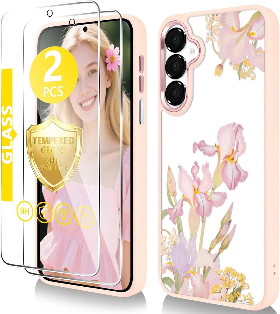 for Samsung Galaxy A16 5G Case6.7 inch with Tempered Glass Screen Protector Slim Soft TPU & Hard PC Crystal Clear Cover, Elegant Cute Floral Pattern Design for Girls Women-Iris/Pink