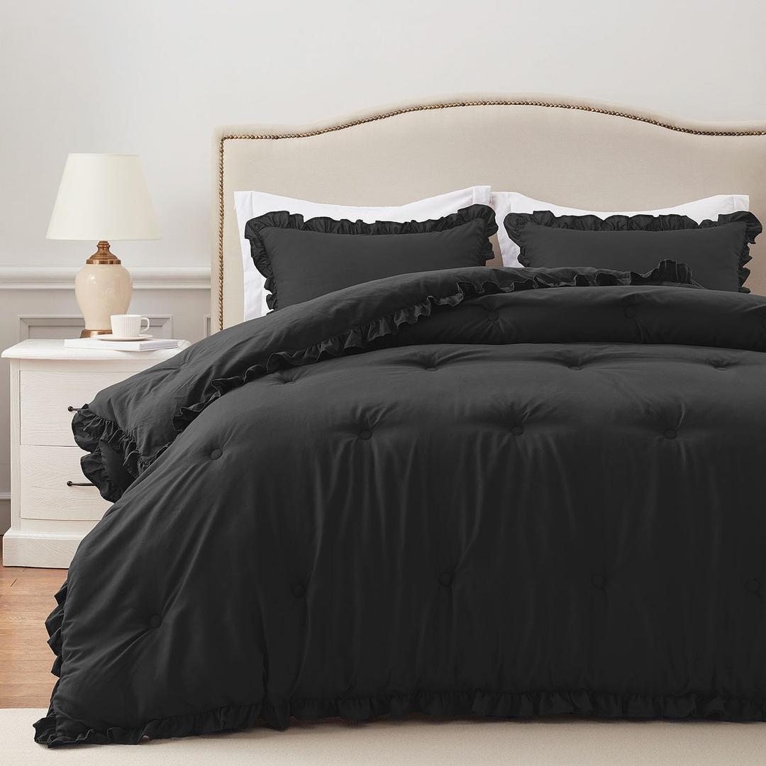 HARBOREST King Comforter Set Black - Ruffle Comforter for King Size Bed, Fluffy King Size Comforter Set for All Seasons, 3 Pieces Shabby Chic Bedding Comforter Set(1 Comforter & 2 Pillow Shams)