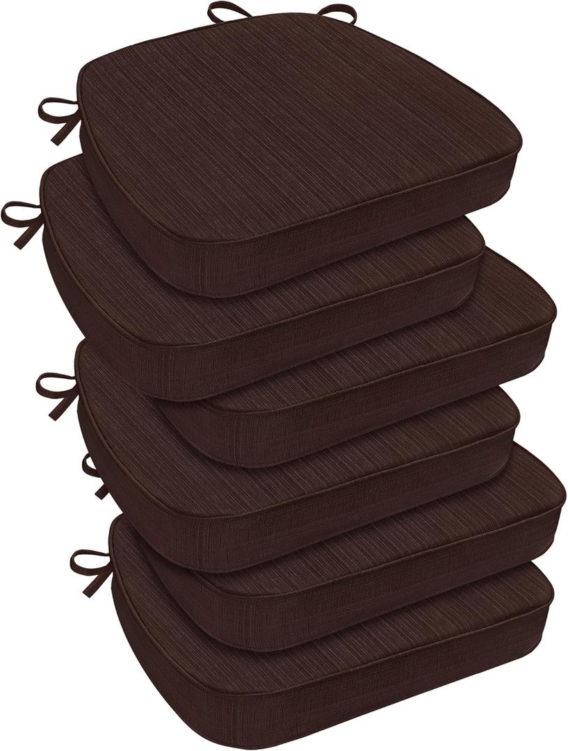 downluxe Indoor Chair Cushions for Dining Chairs, D-Shaped Chair Pads with Ties, Non Slip Dining Chair Cushions, 17" x 16" x 2.5", Brown, 6 Pack