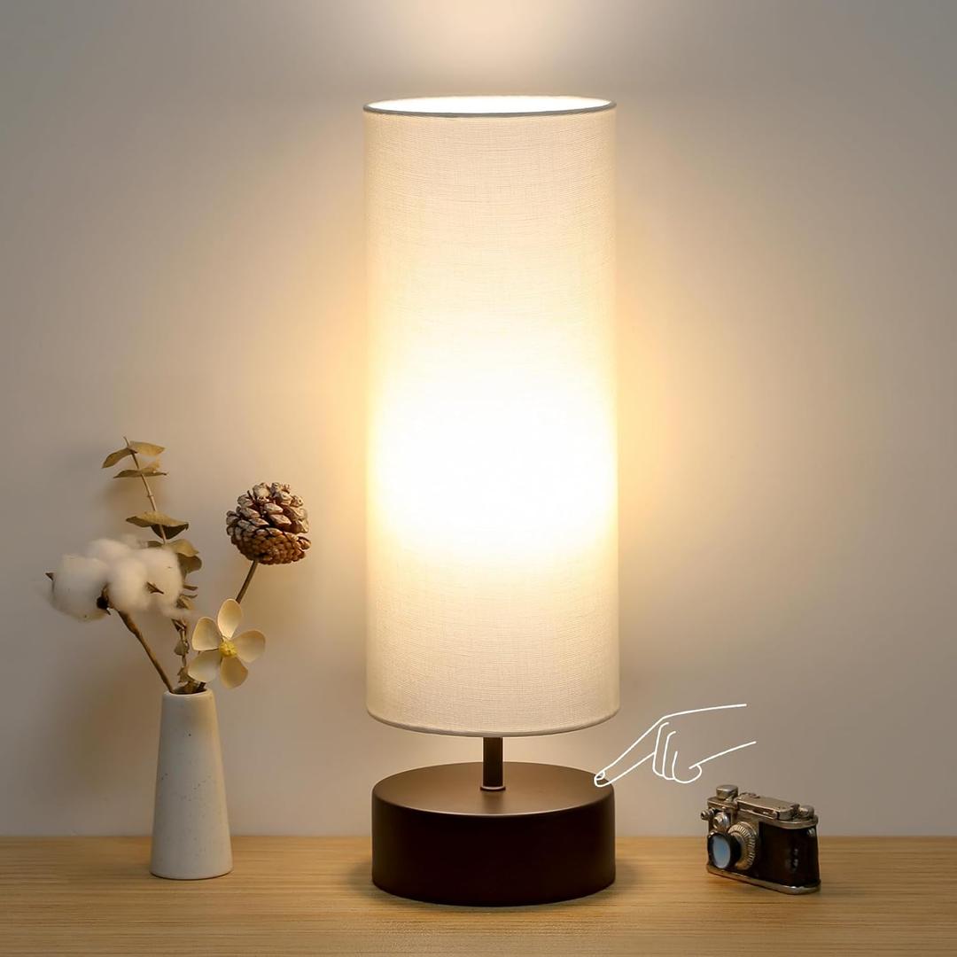 3 Way Dimmable Touch Control Table Lamp, Bedside Table Lamp with Dark Brown Base, Modern Nightstand Lamp with Beige Shade, Simple Night Light for Bedroom Living Room Home Office, 9W LED Bulb Included