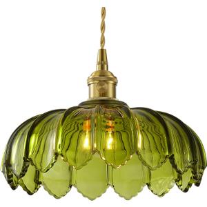 Vintage Glass Pendant LightGreen Flower Ceiling Pendant LightGold Adjustable Hanging Wire for Kitchen Island Dining Room Bedroom Hallway (10Inch - Green(D))