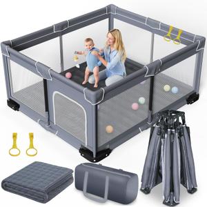 Foldable Baby Playpen with Mat, Extra Large Playpen for Babies and Toddlers with Gate, Portable Baby Yard, Indoor & Outdoor Play Area 71"x59"