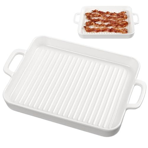 Bacon Cooker for Microwave Oven, Ceramic Microwave Bacon Tray, White Bacon Cooker Meat Rack for Oven, Square Baking Tray, Multi-Functional Microwave bacon Cooker, Microwave-Safe