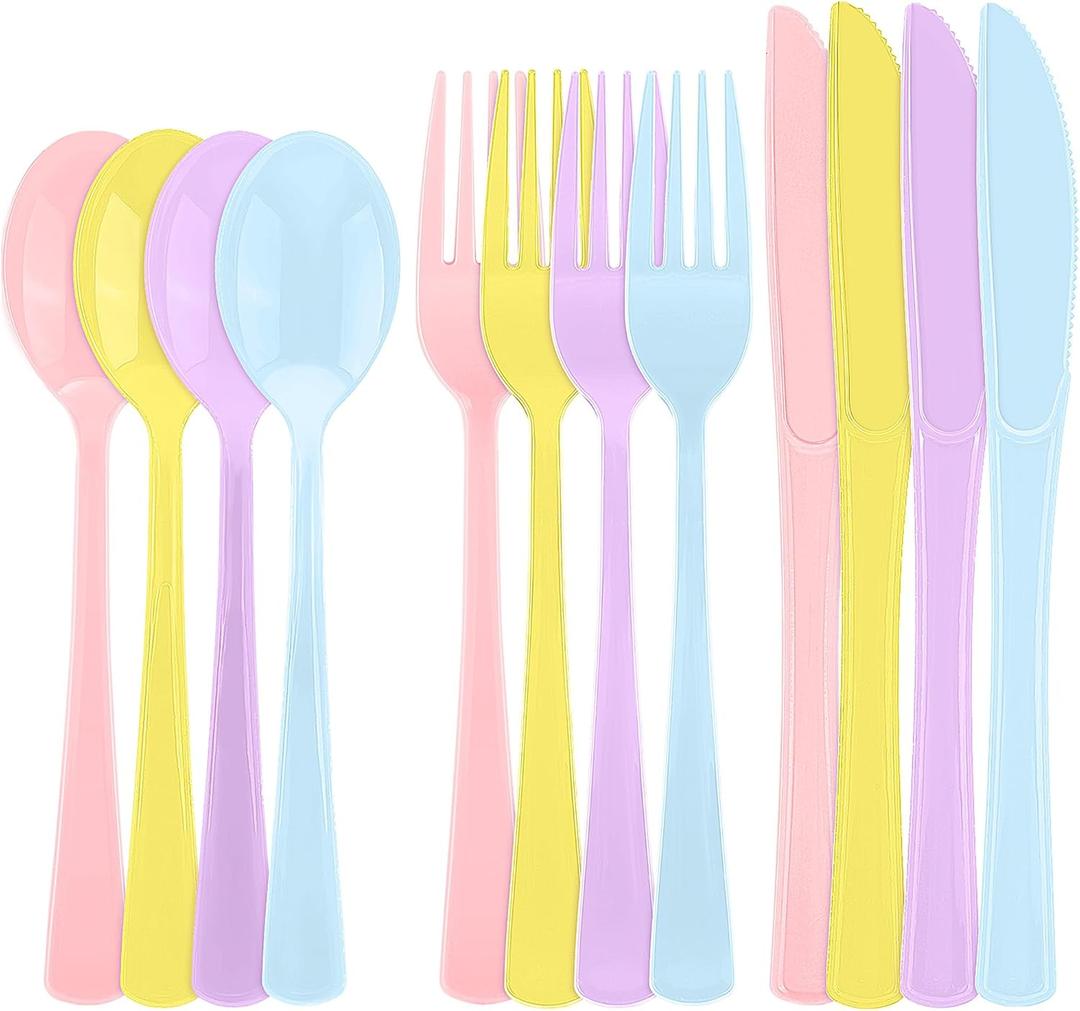 Kochorie 300 Pieces Graduation Pastel Plastic Silverware Heavy Duty Plastic Cutlery Set Heavyweight Disposable Utensils Includes Spoons Forks Knives for Birthday Wedding Dinner, Macaron Colors