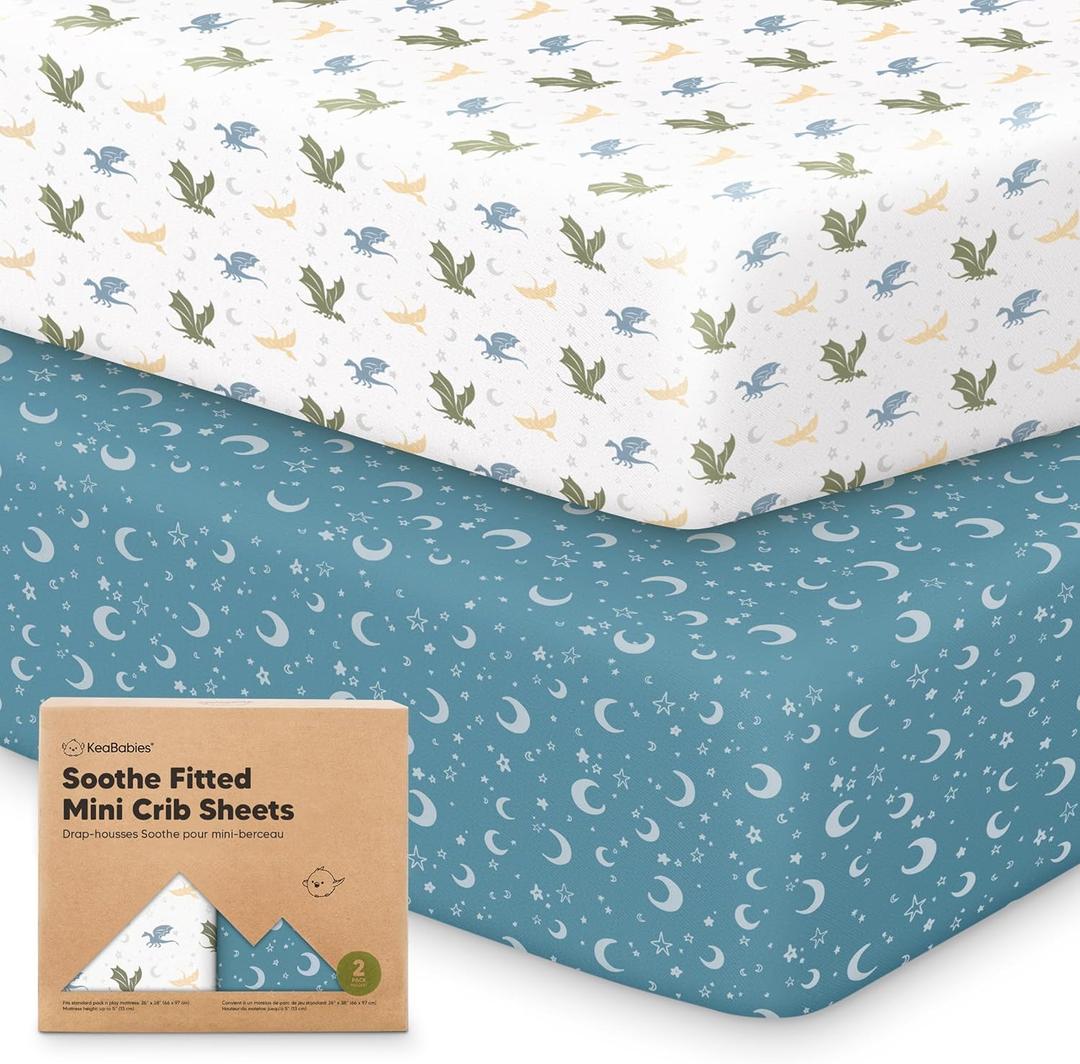 KeaBabies 2-Pack Mini Crib Sheets Fitted - 38x26 Pack N Play Sheets for Pack and Play Mattress, Organic Cotton, Soft & Breathable Playard Bedding, Neutral Mini Toddler Bed Cover for Boys, Girls (Dragon Tale)