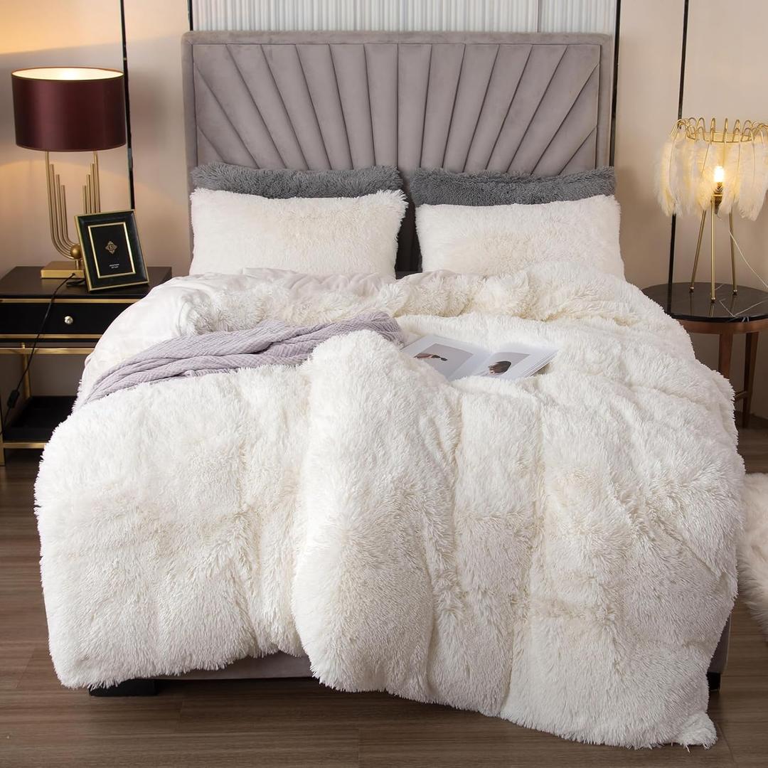 EMME Luxury White Fuzzy Duvet Cover Set King Size 3 Pieces Fluffy Comforter Cover Set for King Bed Shaggy and Plush Soft Bedding Duvet Covers (White, King) (01-furry-white)