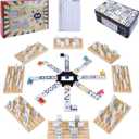Double 12 Mexican Train Dominoes Set for Adults with 8PCS Wooden Holders, 9 Train Markers, 91 Color Dot Tile Dominos in Tin Box & Hub - Classic Family Board Game Set Party Toy Gift for Kids