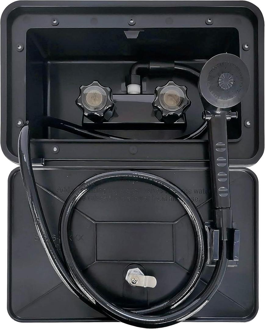 RV Exterior Shower Box Outdoor Camper Trailer Shower Kit with Shower Faucet Shower Head and Hose wall box portable use for Camper Van Travel Trailer Motorhome and Boat (Black)