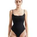 SUUKSESS Women Square Neck Lace Bodysuit Double Lined Sleeveless Spaghetti Strap Tank Top (Black,M)