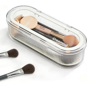 Makeup Brush Holder Organizer, Cosmetic Storage Case with Lid, Clear Acrylic Waterproof Dustproof Organizer for Makeup Sponges, Vanity, Bathroom & Desktop (1 Pack)