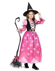Spooktacular Creations Girls Witch Costume, Light up Witch Costume Kids, Starry Dress for Child Halloween Role Play Parties (Small(5-7 yrs), Pink)