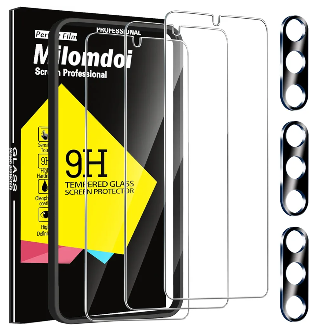 Pack of 2, Milomdoi 3 Pack Screen Protector for Samsung Galaxy A15 5G with 3 Pack Tempered Glass Camera Lens Protector, Ultra 9H Accessories, Case Friendly, Mounting Frame, 2.5D Curved for Galaxy A15 5G