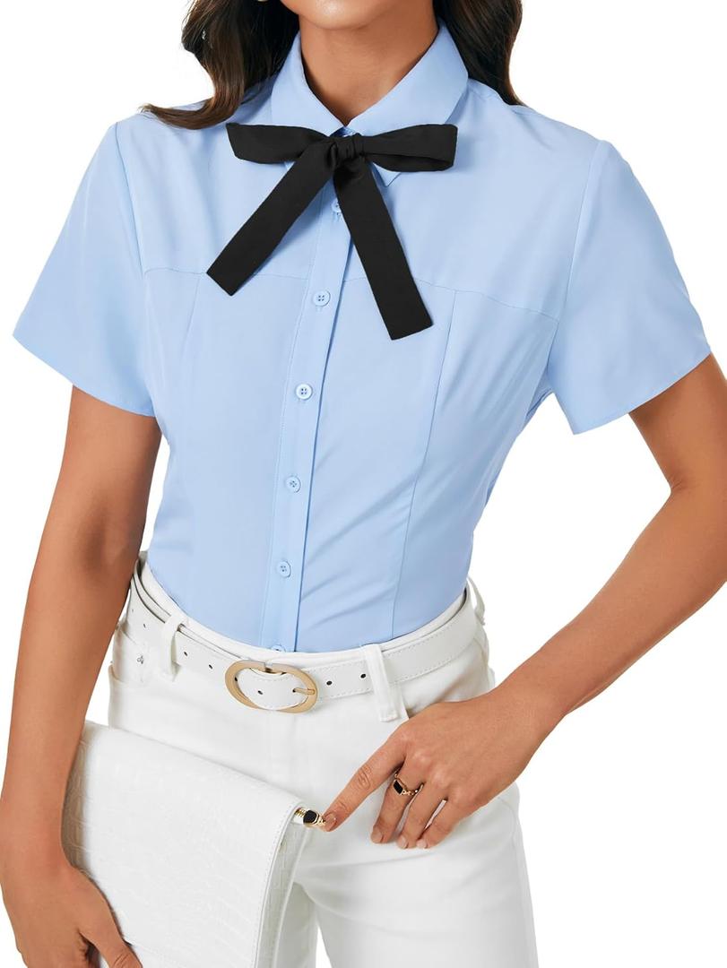 Rooscier Women's Collared Bow Tie Button Down Short Sleeve Elegant Work Shirt Blouse Top Blue X-Large
