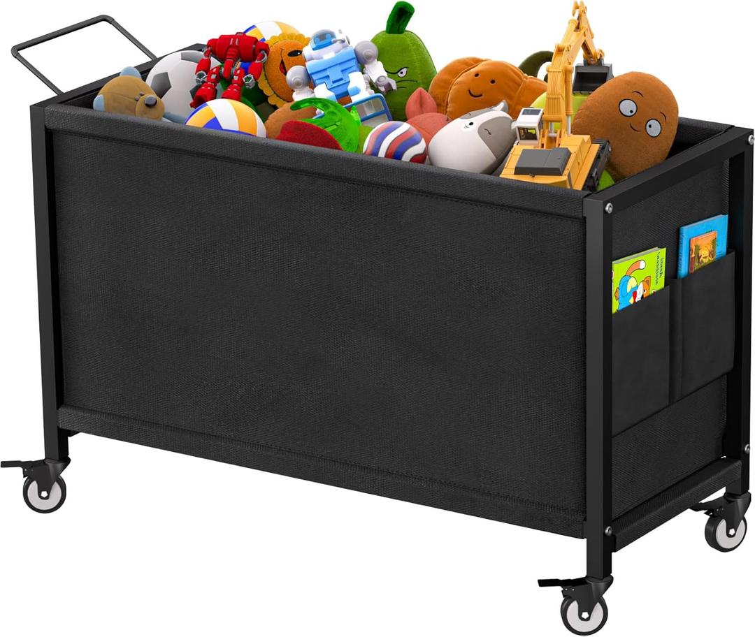 100L Large Kids Toy Box with Wheels, Toy Chest Storage Organizer for Toddlers, Boys, Girls, Toy Storage Bin for Stuffed Animals, PlayRoom, Bedroom, Nursery, Living Room, Black