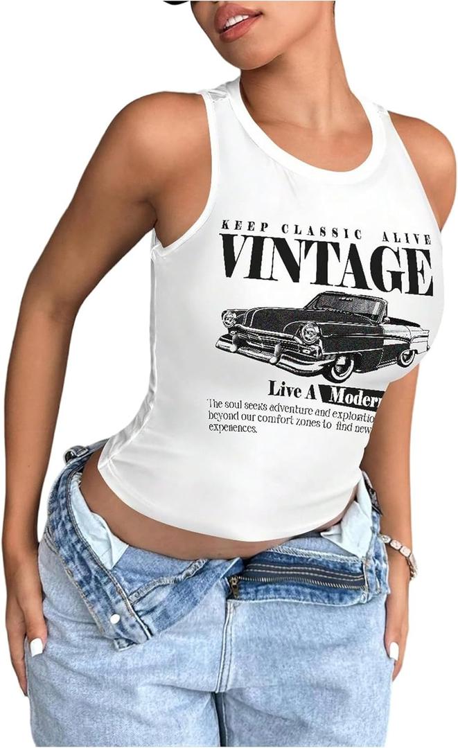 SOLY HUX Women's Summer Graphic Tank Tops Sleeveless Crewneck Letter Car Print Vintage Y2k Top Streetwear (Large)