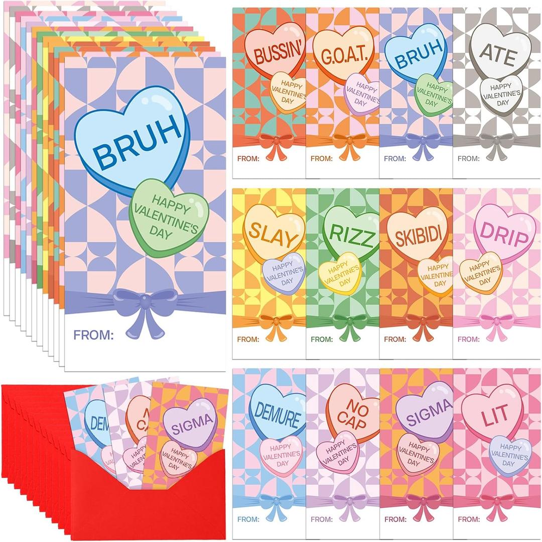Yaomiao 48 Pcs Slang Valentine Cards with Envelope Funny Candy Heart Cards 2 x 3.5 Inches for Valentine's Day Party Exchange Game Theme Supplies Friends Birthday Gifts