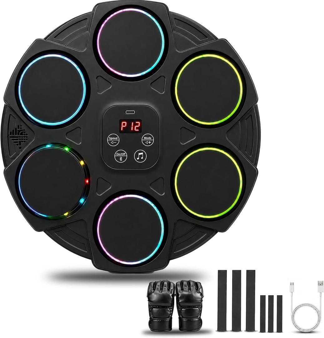 Music Boxing Machine for Adults, Wall Mounted Punching Trainer with Gloves, Wall Punching Machine with 12 Modes & Speeds, USB Charging Cable, LED Display Screen for Home Gym Workout, 16.3 x 16.9 x 2.8"