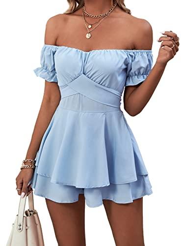 LYANER Women's Summer Off The Shoulder Wrap Tie Back Short Sleeve Ruffle Romper Dress Short Jumpsuit Light Blue M/L