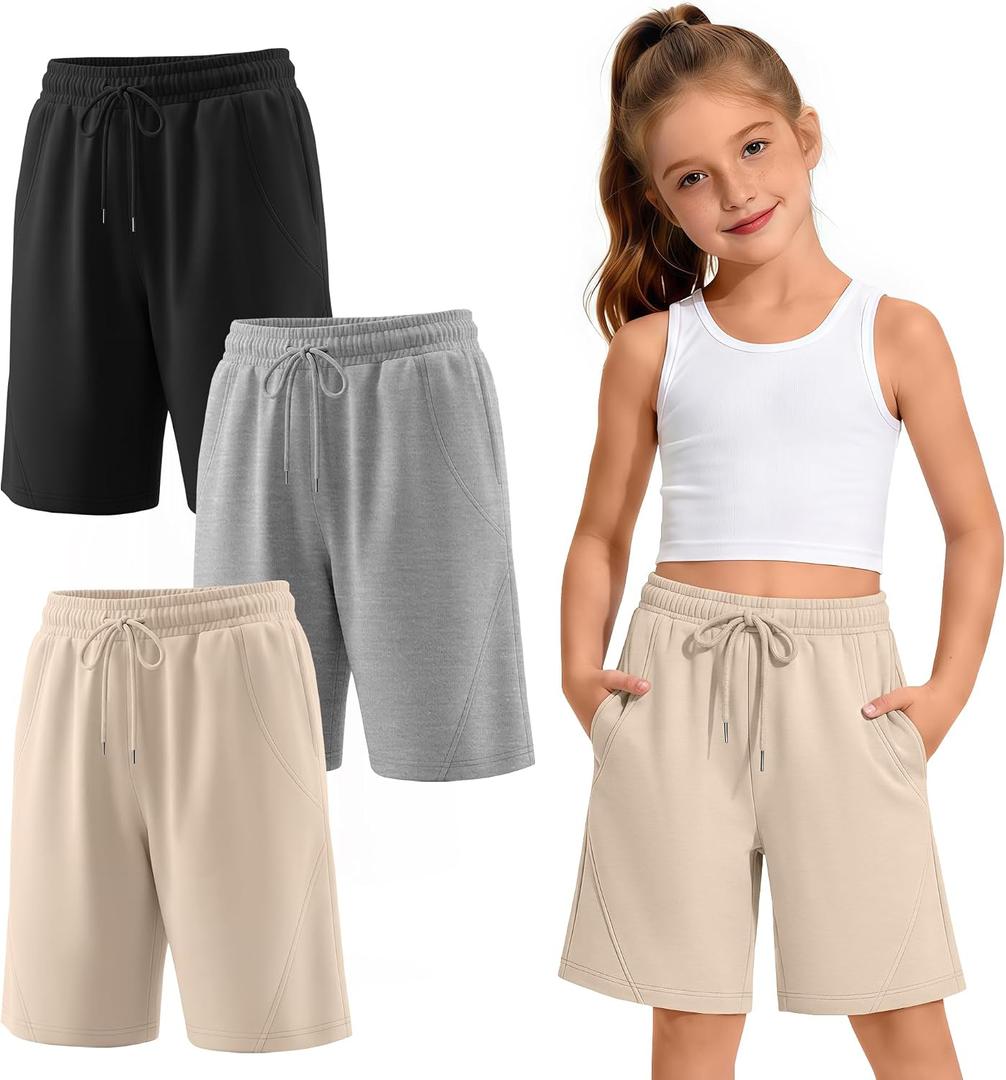 3 Pack Girls' Bermuda Long Shorts 5-14Y | Bermuda Shorts, Athletic, Long Short, Drawstring, Sweatshorts Pocket, for Summer, Casual, for Girls, Kids, Teen, 5-14Y