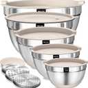 Umite Chef Mixing Bowls with Airtight Lids Set, 8PCS Stainless Steel Khaki Nesting Bowls with Grater Attachments, Kitchen Bowls with Non-Slip Bottoms, Size 5, 4, 3.5, 2, 1.5QT for Mixing & Serving