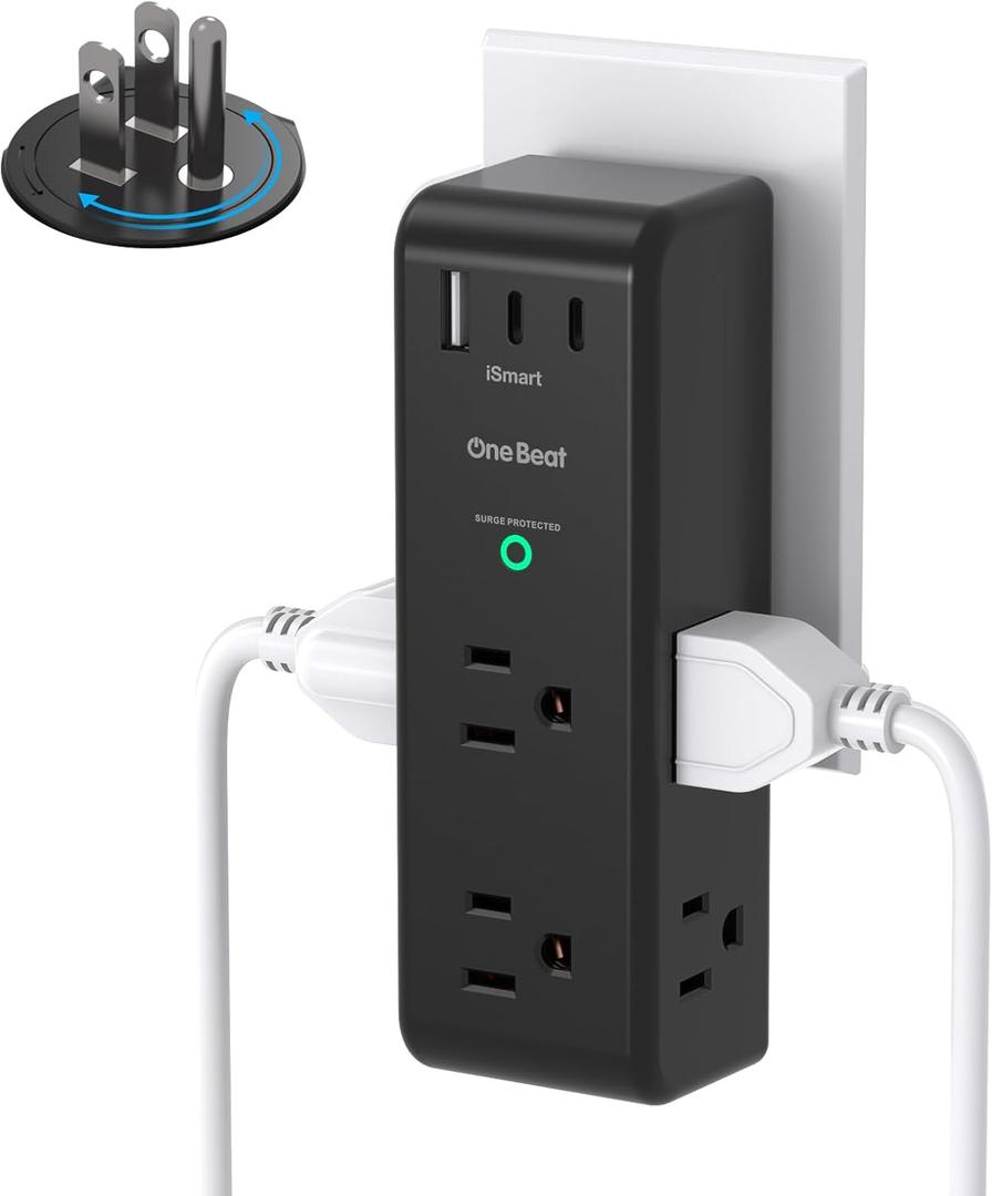 Surge Protector Outlet Extender with Rotating Plug, One Beat 6 AC Multi Plug Outlet with 3 USB Ports (2 USB C), 1800 Joules, 3-Sided Swivel Power Strip with Spaced Outlet Splitter for Office Dorm - BK