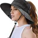 Beach Sun Hats for Women UV Protection High Ponytail Hole UPF 50+ Fishing Safari Garden Hiking Hat Packable (One Size, Black)