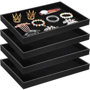 4 Pack Black Velvet Stackable Jewelry Tray Showcase Display - 13.78 x 9.45 x 1.18 Inch, Stackable Necklace Bracelet Ring Showcase Display Empty Plate for Necklace Earring Ring Bracelet