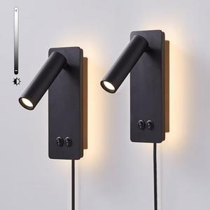 Wall Mounted Reading Light Set of 2, LED Headboard Reading Lamp with 3 Dimming，Bedside Wall Lamps with Plug in Cord, 350° Rotation Sconces Wall Lighting, 3W Spotlight+6W Backlight (Black)